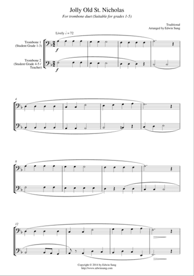 Jolly Old St. Nicholas (for trombone duet, suitable for grades 1-5)