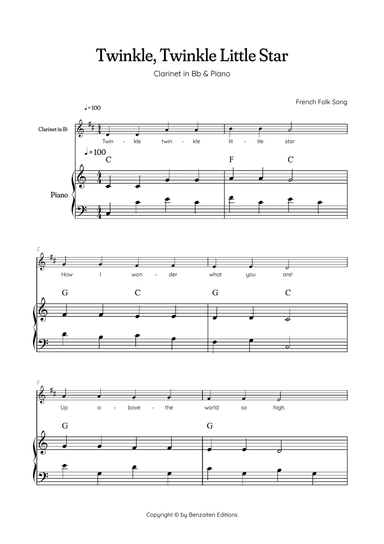 Twinkle, Twinkle Little Star • Easy clarinet sheet music with easy piano accompaniment with chords