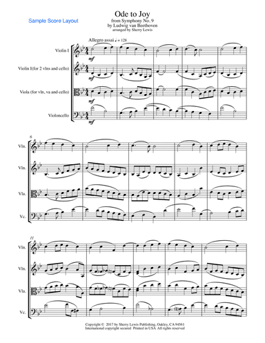ODE TO JOY, Beethoven, String Trio, Intermediate Level for 2 violins and cello or violin, viola and