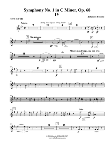 Brahms Symphony No. 1, Movement IV - Horn in F 3 (Transposed Part), Op. 68