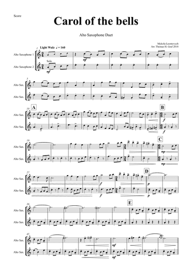 Carol of the Bells - Pentatonix style - Alto Saxophone Duet