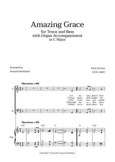 Amazing Grace in C Major - Tenor and Bass with Organ Accompaniment and Chords