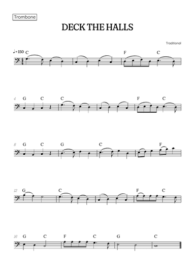 Deck the Halls for trombone • easy Christmas song sheet music with chords