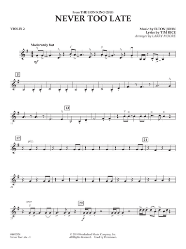 Never Too Late (from The Lion King 2019) (arr. Larry Moore) - Violin 2