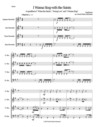 I wanna sing with the saints for recorder quartet