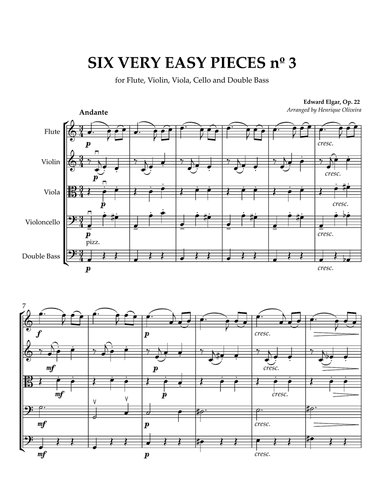 Six Very Easy Pieces nÂș 3 (Andante) - For Flute, Violin, Viola, Cello and Double Bass
