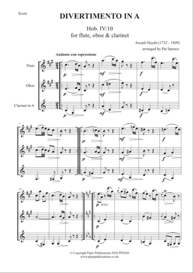 HAYDN DIVERTIMENTO IN A MAJOR Hob.IV: 10 for flute, oboe & clarinet