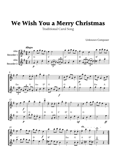 We Wish you a Merry Christmas for Alto Recorder Duet with Chords