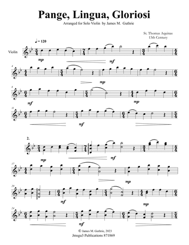 St. Thomas Aquinas: Pange, Lingua, Gloriosi for Solo Violin