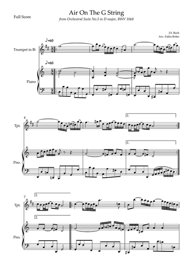 Air On The G String (J.S. Bach) for Trumpet in Bb Solo and Piano Accompaniment