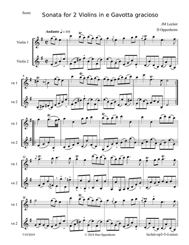 Leclair: Sonata op. 3, Nr. 5 in e, Mvt 2; for 2 Violins (or Violin and Viola).