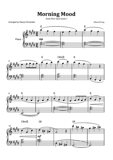 Morning Mood by Grieg - Easy/Intermediate Piano Solo with Chord Notation