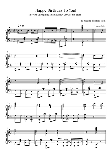Happy Birthday To You - in styles of Ragtime, Tchaikovsky, Chopin and Liszt - For Piano Solo