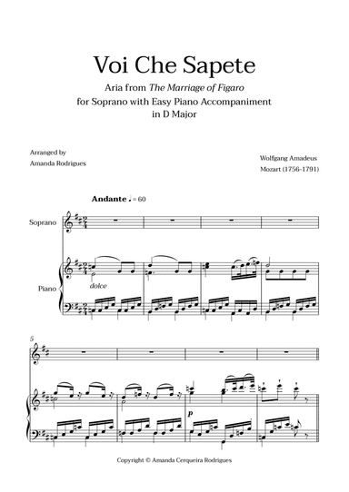 Voi Che Sapete from "The Marriage of Figaro" - Easy Soprano and Piano Aria Duet in D Major