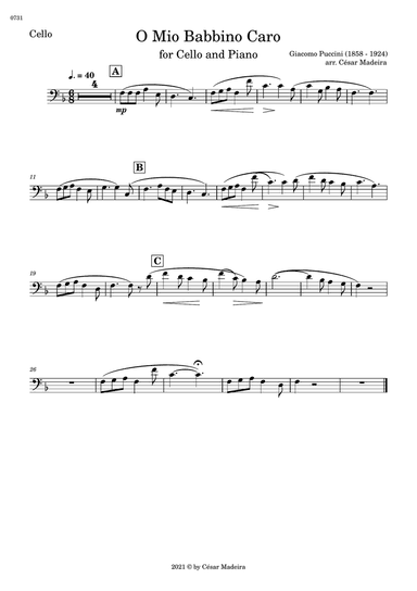 O Mio Babbino Caro by Puccini - Cello and Piano (Individual Parts)