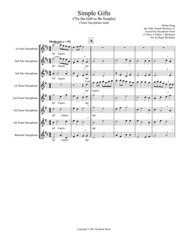 Simple Gifts ('Tis the Gift to Be Simple) (F) (Saxophone Octet - 3 Alto, 4 Tenor, 1 Bari) (Tenor lea