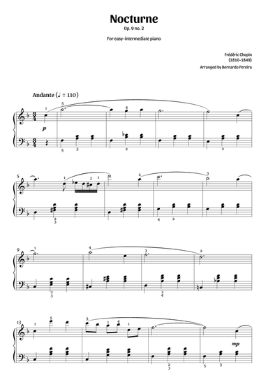 Nocturne Op. 9 no. 2 (easy-intermediate piano in F major – clean with fingering)