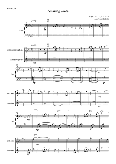 Amazing Grace for Soprano Saxophone & Alto Saxophone Duo and Piano Accompaniment with Chords
