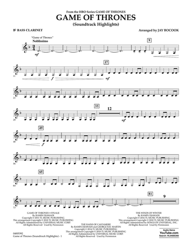 Game Of Thrones (Soundtrack Highlights) (arr. Jay Bocook) - Bb Bass Clarinet