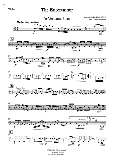 The Entertainer by Joplin - Viola and Piano (Individual Parts)