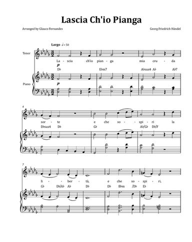 Lascia Ch'io Pianga by Händel - Tenor & Piano in D-flat Major with Chord Notation