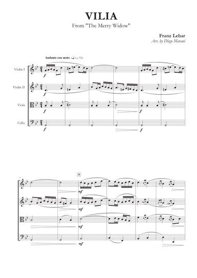 Vilia from "The Merry Widow" for String Quartet
