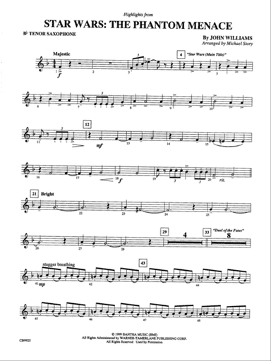 Highlights from Star Wars: Episode I The Phantom Menace: B-flat Tenor Saxophone