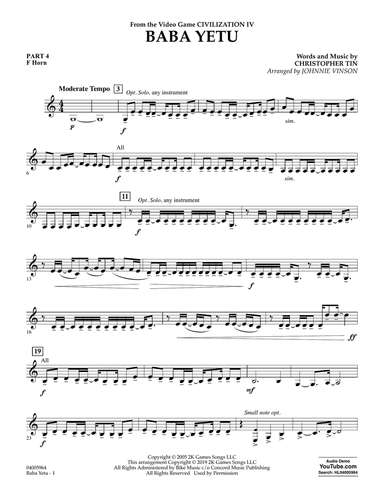 Baba Yetu (from Civilization IV) (arr. Johnnie Vinson) - Pt.4 - F Horn