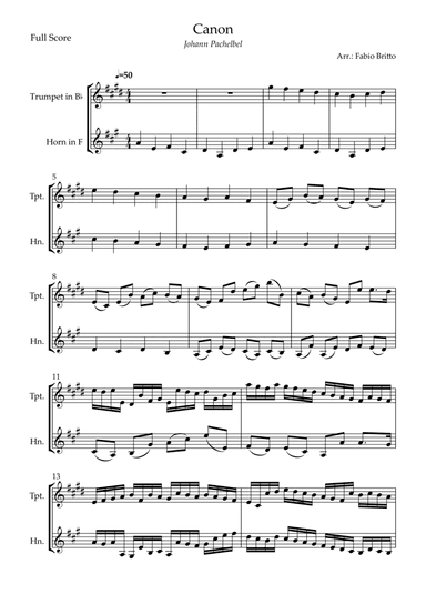 Canon - Johann Pachelbel (Wedding/Reduced Version) for Trumpet in Bb & Horn in F Duo