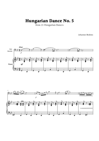 Hungarian Dance No. 5 by Brahms for Bass Recorder and Piano