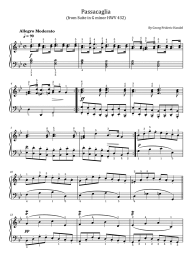 Handel - Passacaglia - (from Suite in G minor HWV 432) - Original With Fingered - For Piano Solo