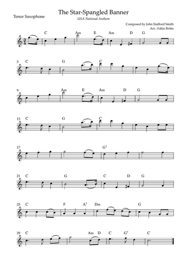 The Star Spangled Banner (USA National Anthem) for Tenor Saxophone Solo with Chords (Bb Major)
