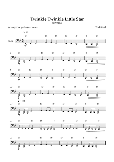 Twinkle Twinkle Little Star for Tuba in Bb Major
