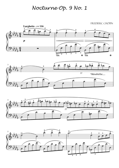 Nocturne Op. 9 No. 1 (Chopin) with note names and finger number guide
