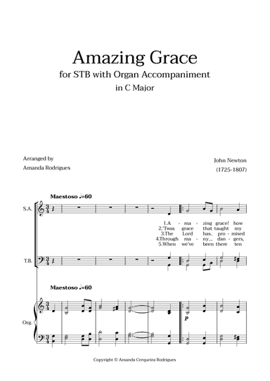 Amazing Grace in C Major - Soprano, Tenor and Bass with Organ Accompaniment