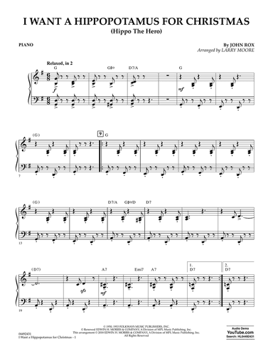 I Want A Hippopotamus For Christmas (arr. Larry Moore) - Piano