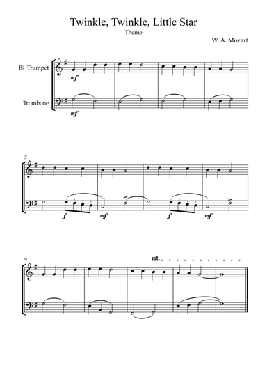 Twinkle, Twinkle, Little Star | For Bb Trumpet and Trombone (Without Transposition)