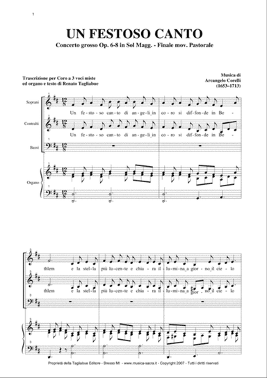 PASTORALE From: Concerto grosso Op. 6-8 - by A. Corelli - For SAB Choir and Organ in D Maior