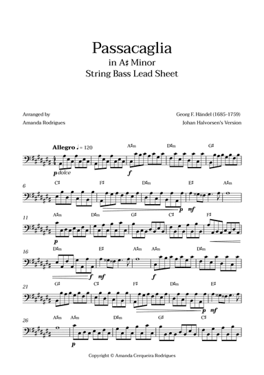 Passacaglia - Easy String Bass Lead Sheet in A#m Minor (Johan Halvorsen's Version)