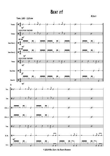 Beat it! Untuned percussion ensemble piece for 7 players.