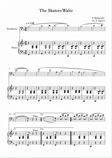 The Skaters Waltz, Emile Waldteufel, For Trombone & Piano