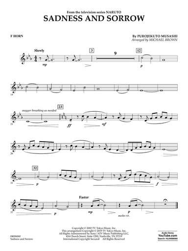 Sadness and Sorrow (from Naruto) (arr. Michael Brown) - F Horn