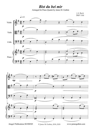 Bach: Bist du bei mir for Piano Quartet