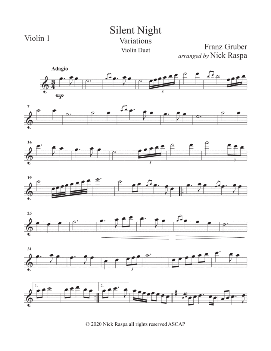 Silent Night - variations (Violin Duet) Violin 1 part