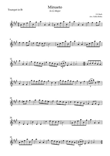 Minueto in G Major ( J.S. Bach) for Trumpet in Bb Solo