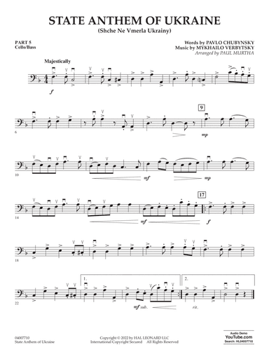State Anthem of Ukraine (Shche Ne Vmerla Ukrainy) (arr. Murtha) - Pt. 5 - Cello/Bass