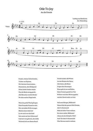 Beethoven - Ode To Joy for voice with chords in Db (Lyrics in German)