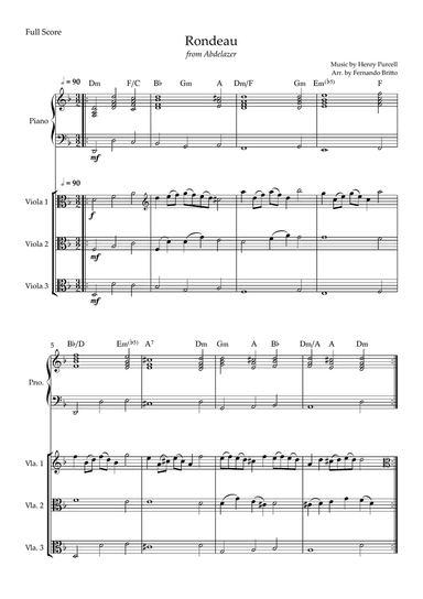 Rondeau (from Abdelazer) for Viola Trio and Piano Accompaniment with Chords