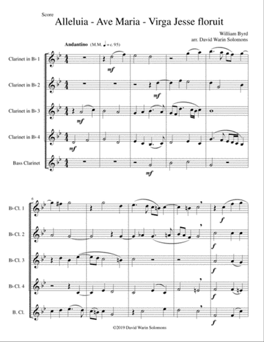 Alleluia - Ave Maria - Virga Jesse floruit arranged for clarinet quintet (4 B flats and 1 bass)