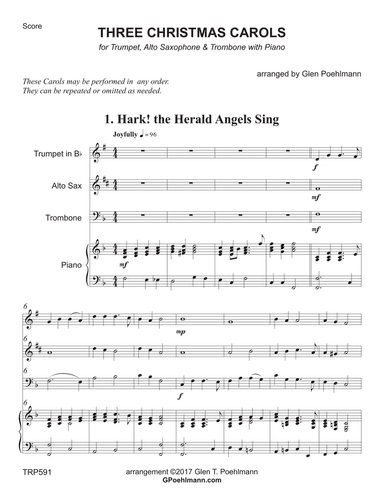 THREE CHRISTMAS CAROLS - for TRUMPET, ALTO SAX & TROMBONE with Piano